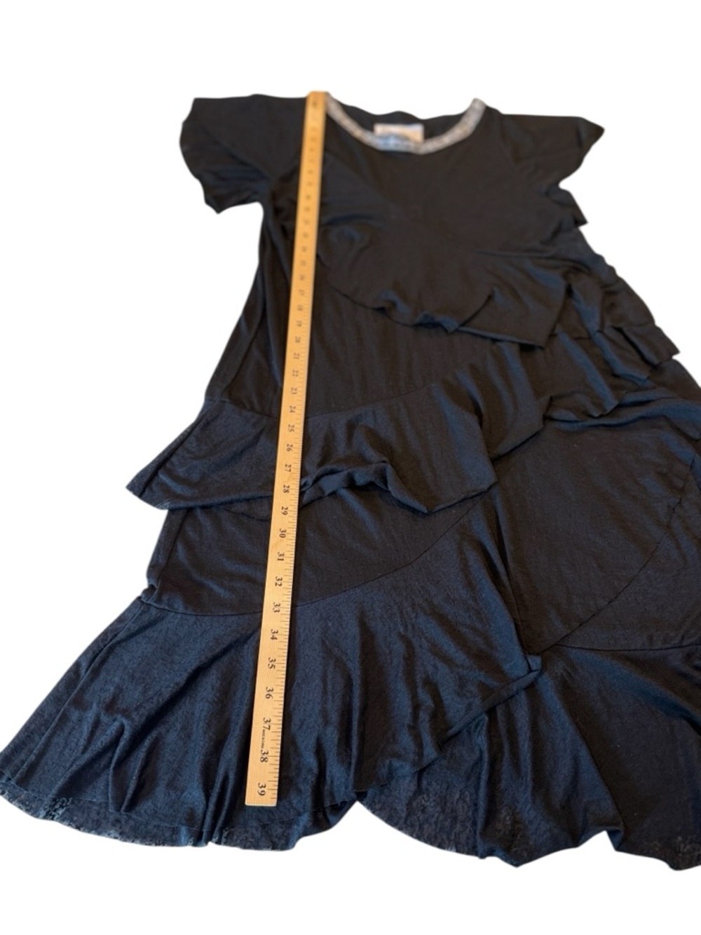 Pitusa Black Ruffle Dress Embroidered Neck Boho Tiered Sheer Peru Size S/M - Picture 12 of 16